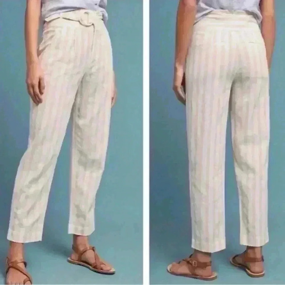 Anthropologie Women’s Size 2 Oasis Striped High-rise Linen Pants in Peach/Cream - Picture 1 of 15